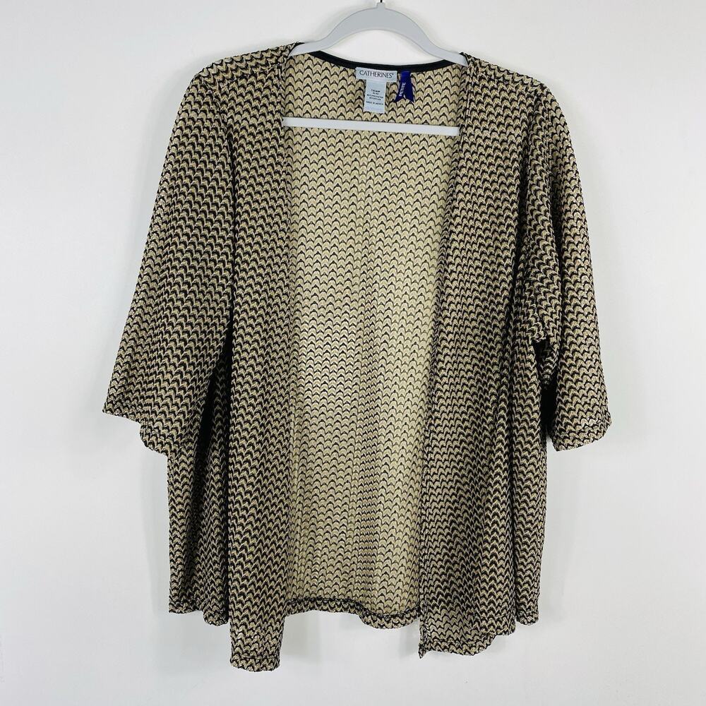 Catherines Cardigan 1X Petite Open Knit Layering Top 3/4 Sleeve Tan Black